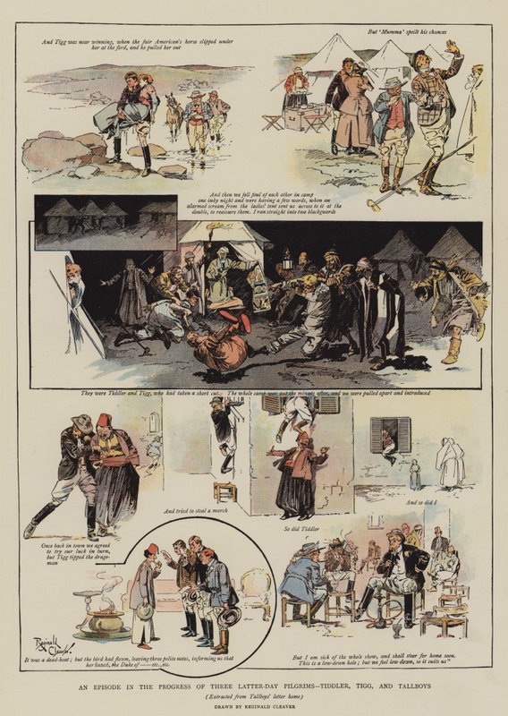 En episode i tre sidste dages pilgrimmes færd, Tiddler, Tigg og Tallboys (chromolitho) af Reginald Thomas Cleaver