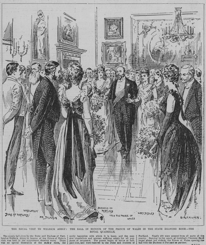 Danser den kongelige kvadrille ved ballet til ære for prinsen af Wales i statssalonen på Welbeck Abbey, Nottinghamshire. af Reginald Thomas Cleaver