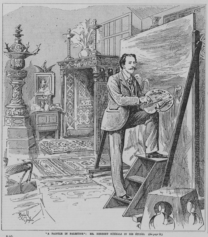 Den engelske prærafaelitmaler Herbert Schmalz arbejder i sit atelier (kobberstik) af Reginald Thomas Cleaver