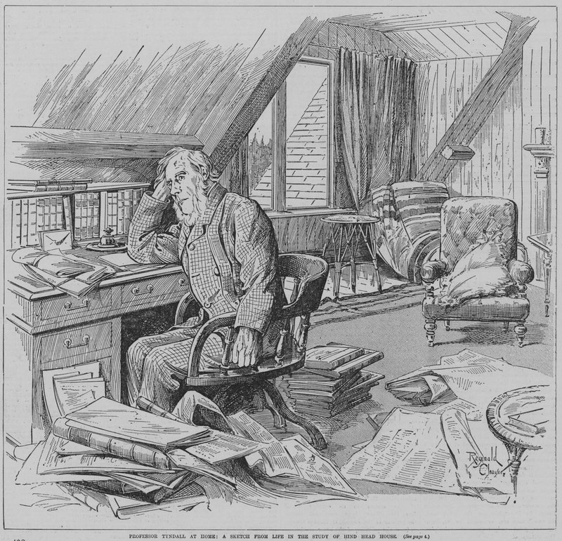 Den engelske fysiker John Tyndall i arbejdsværelset i sit hjem, Hindhead House, Haslemere, Surrey (kobberstik) af Reginald Thomas Cleaver