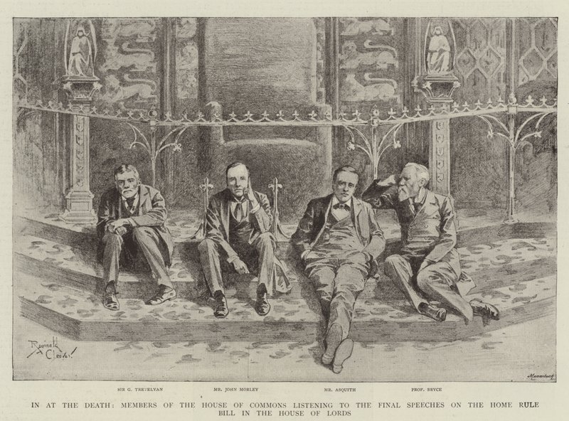 In at the Death, medlemmer af Underhuset lytter til de sidste taler om Home Rule Bill i Overhuset (kobberstik). af Reginald Thomas Cleaver