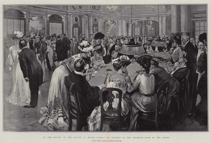 I højsæsonen i Monte Carlo, en aften i kasinoets roulette-rum (litografi) af Reginald Thomas Cleaver