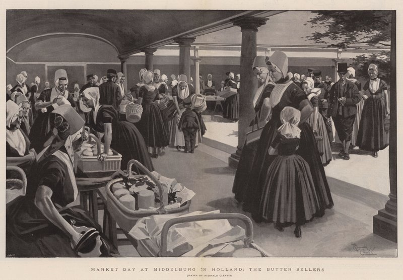 Markedsdag i Middelburg i Holland, smørsælgerne (litografi) af Reginald Thomas Cleaver