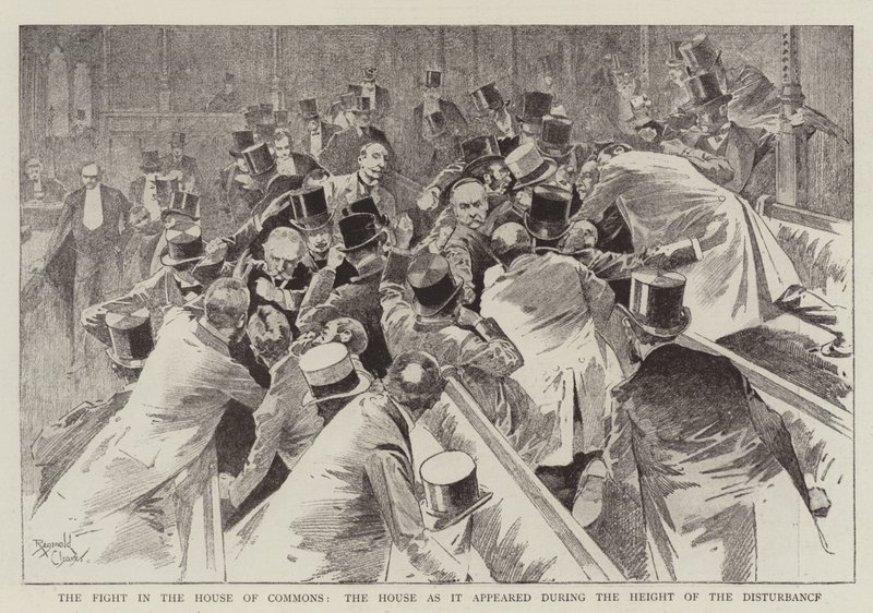 Kampen i Underhuset, huset som det så ud, da urolighederne var på sit højeste (kobberstik) af Reginald Thomas Cleaver