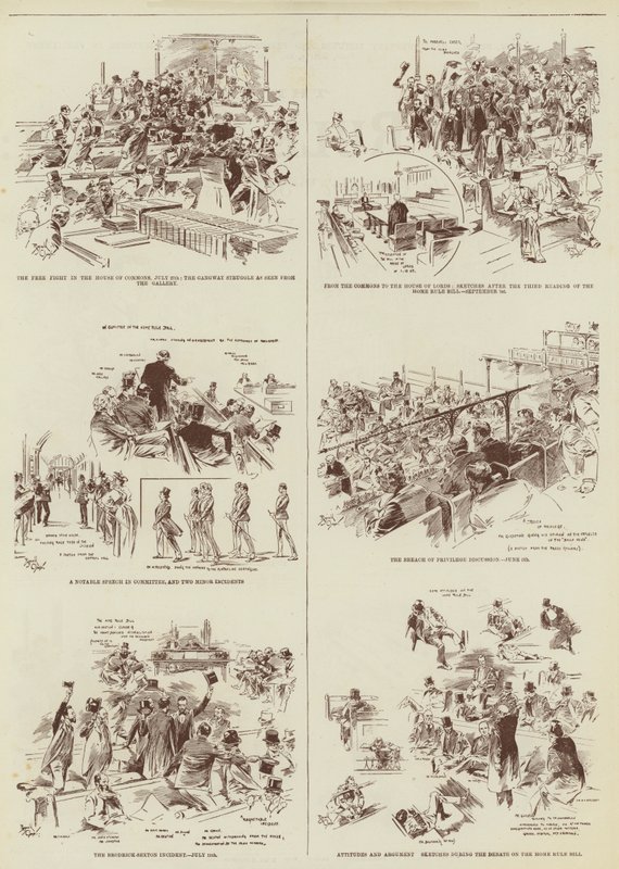 Hjemmestyre-sessionen, nogle "Daily Graphic"-skitser i parlamentet (kobberstik) af Reginald Thomas Cleaver