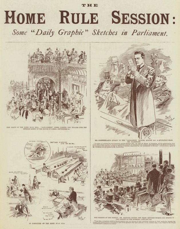 Hjemmestyre-sessionen, nogle "Daily Graphic"-skitser i parlamentet (kobberstik) af Reginald Thomas Cleaver