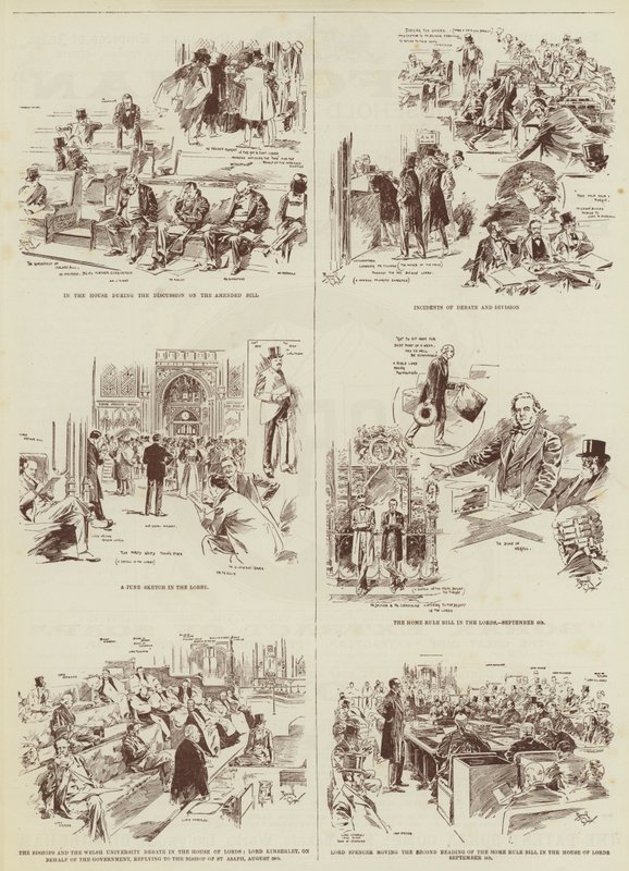 Hjemmestyre-sessionen, nogle "Daily Graphic"-skitser i parlamentet (kobberstik) af Reginald Thomas Cleaver