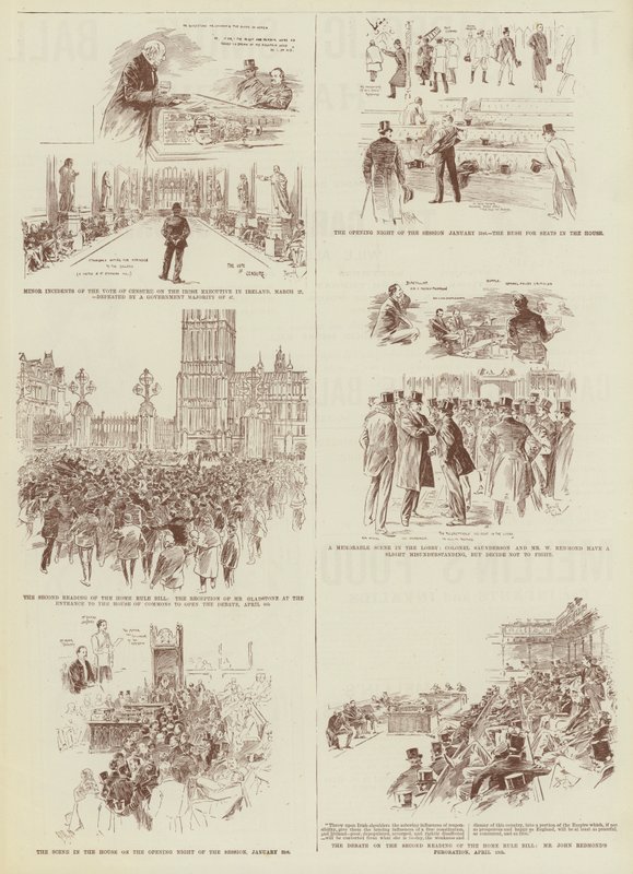 Hjemmestyre-sessionen, nogle "Daily Graphic"-skitser i underhuset (kobberstik) af Reginald Thomas Cleaver
