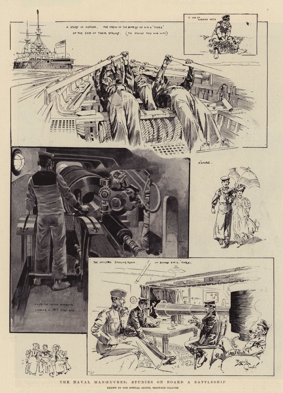 Flådens manøvrer, studier om bord på et slagskib (litografi) af Reginald Thomas Cleaver