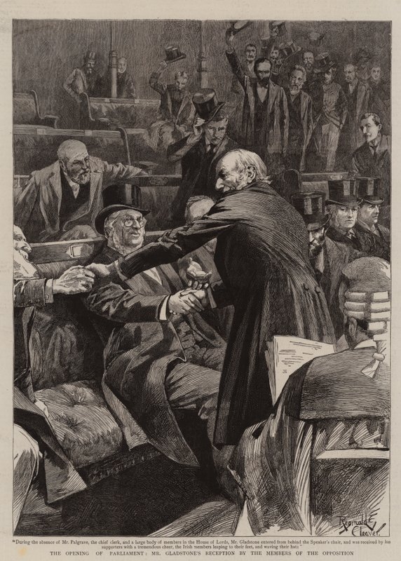Åbningen af parlamentet, hr. Gladstones modtagelse af oppositionens medlemmer (kobberstik) af Reginald Thomas Cleaver