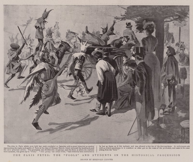 Festerne i Paris, "fjolserne" og de studerende i den historiske procession (litografi) af Reginald Thomas Cleaver