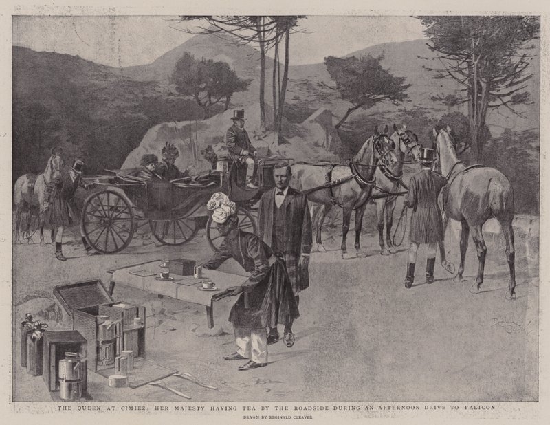 Dronningen i Cimiez, Hendes Majestæt drikker te i vejkanten under en eftermiddagstur til Falicon (litografi) af Reginald Thomas Cleaver