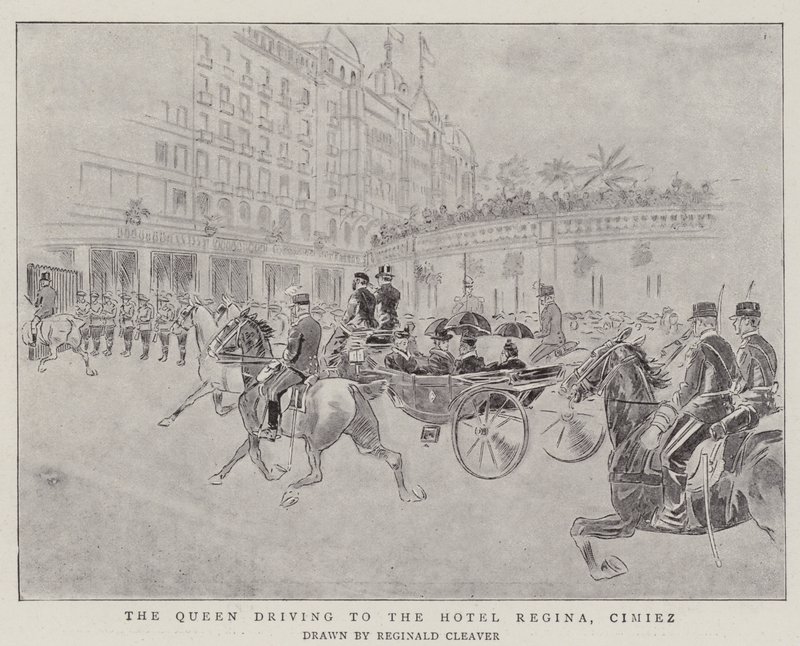 Dronningen kører til Hotel Regina, Cimiez (kobberstik) af Reginald Thomas Cleaver