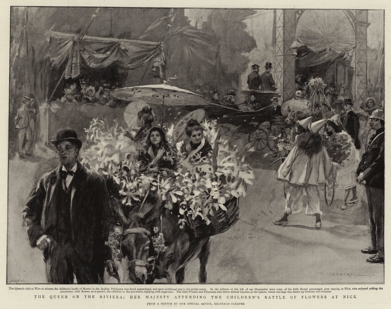 Dronningen på Rivieraen, Hendes Majestæt deltager i børnenes blomsterslag i Nice (litografi) af Reginald Thomas Cleaver