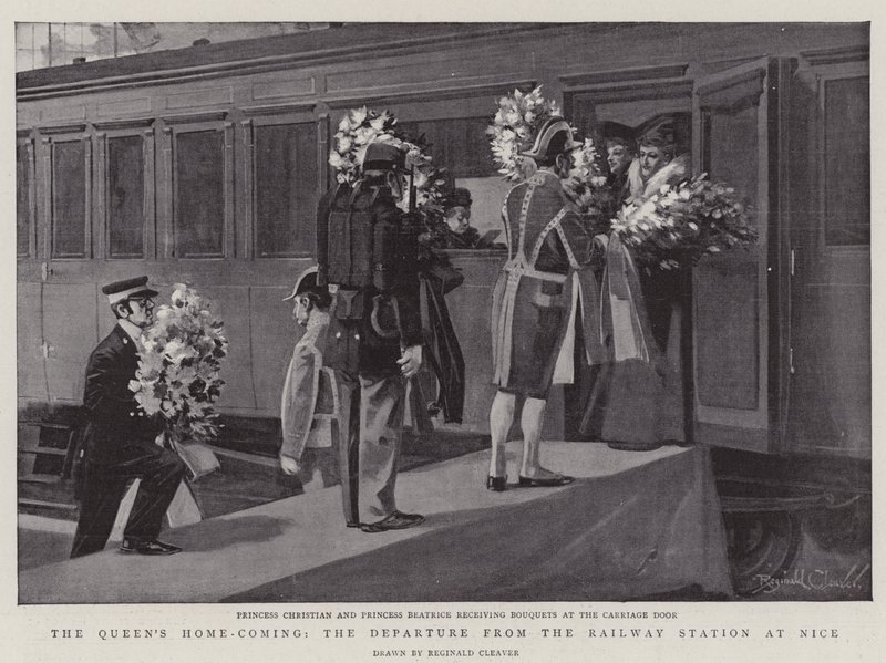 Dronningens hjemkomst, afgang fra jernbanestationen i Nice (litografi) af Reginald Thomas Cleaver