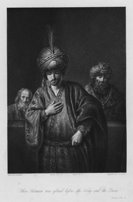 Hamans fordømmelse, Esther VII, 6 (gravering) af Rembrandt Harmensz. van Rijn (after)