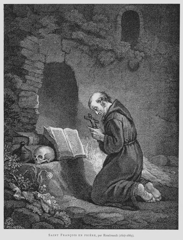 Sankt Frans af Assisi beder (litho) af Rembrandt Harmensz. van Rijn (after)