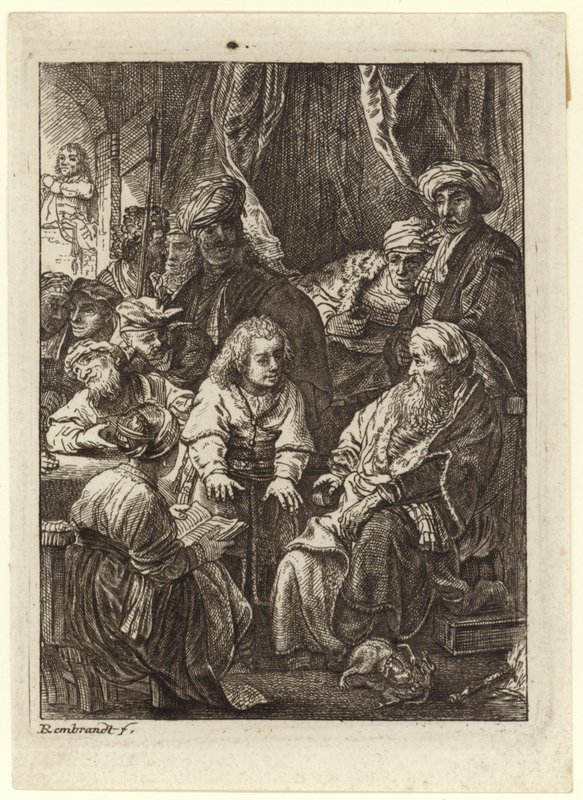 En flok mennesker samledes om en siddende gammel mand af Rembrandt van Rijn