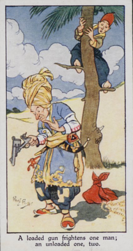 Østligt ordsprog: En ladt pistol skræmmer én mand; en ubelastet en, to (farvet litho) af René Bull
