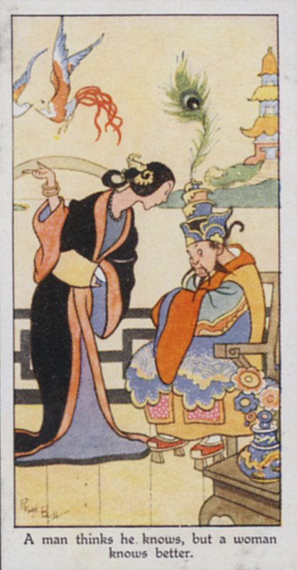 Østligt ordsprog: En mand tror, han ved, men en kvinde ved bedre (farve litho) af René Bull