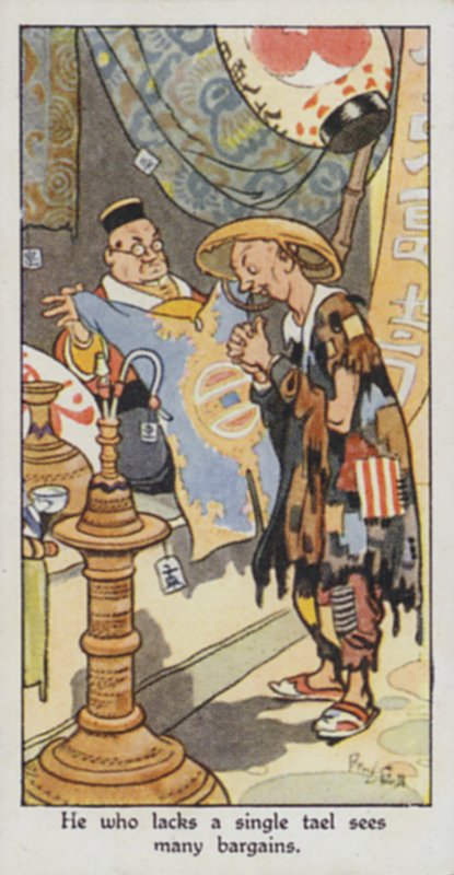 Østligt ordsprog: Den, der mangler en enkelt tael, ser mange gode tilbud (farve litho) af René Bull