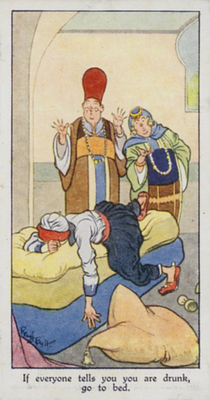 Østligt ordsprog: Hvis alle fortæller dig, at du er fuld, så gå i seng (farve litho) af René Bull