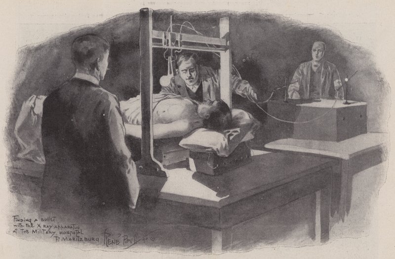 At finde en kugle med røntgenapparatet på Militærhospitalet, Pietermaritzburg, Natal, Sydafrika, Boer War af René Bull