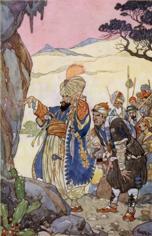 Åben, Sesam! (farve litho) af René Bull