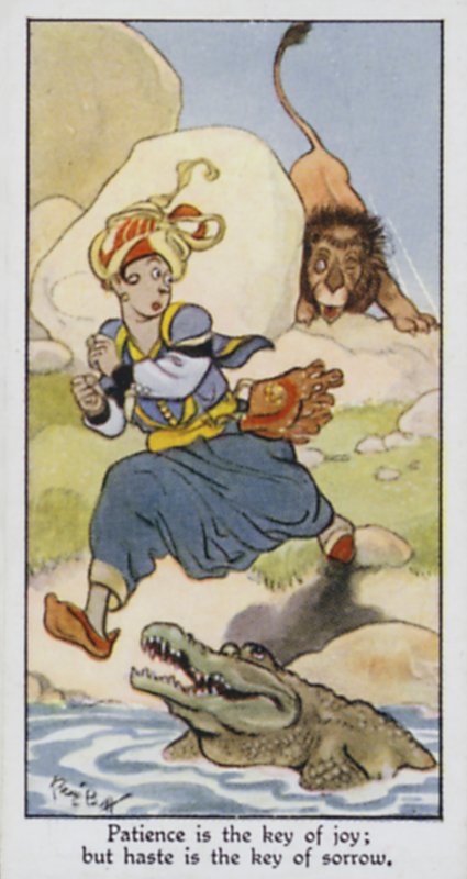 Tålmodighed er nøglen til glæde; men hastværk er nøglen til sorg (farve litho) af René Bull