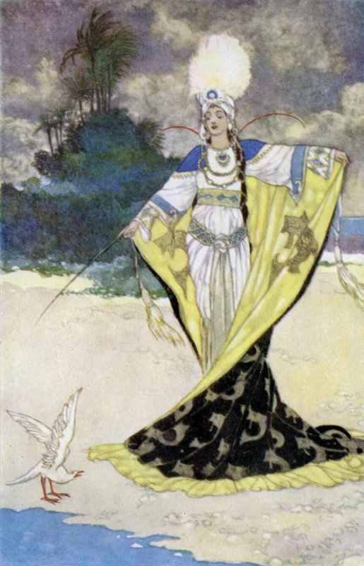 Prinsesse Giauhara ændrer King Beder til en hvid fugl (farve litho) af René Bull
