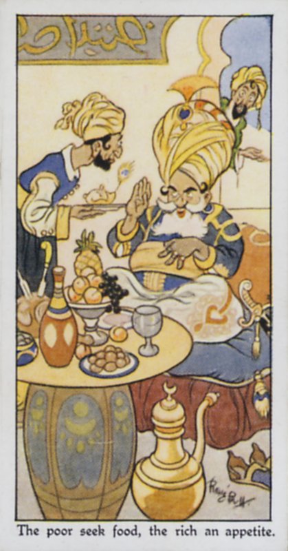 De fattige søger mad, de rige en appetit (farve litho) af René Bull