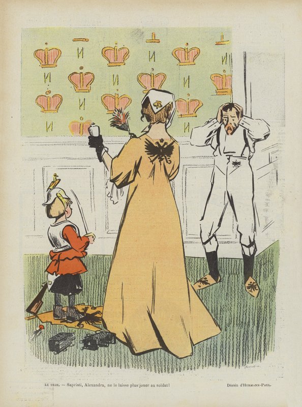Satire om Ruslands nederlag i den russisk-japanske krig. illustrationen til Le Rire af Rene George Hermann Paul