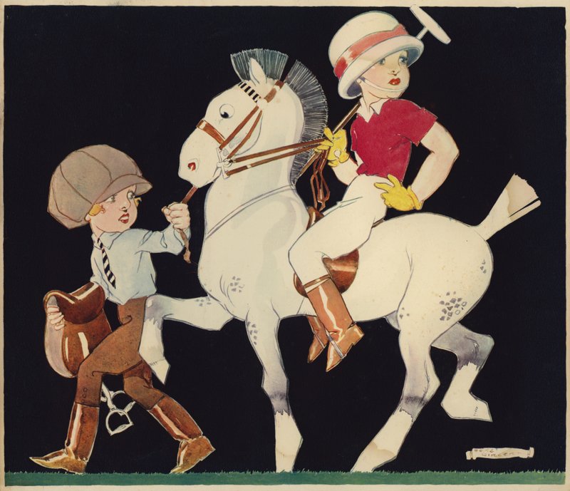 Dreng på polo pony, ført af staldpige (farve litho) af Rene Vincent