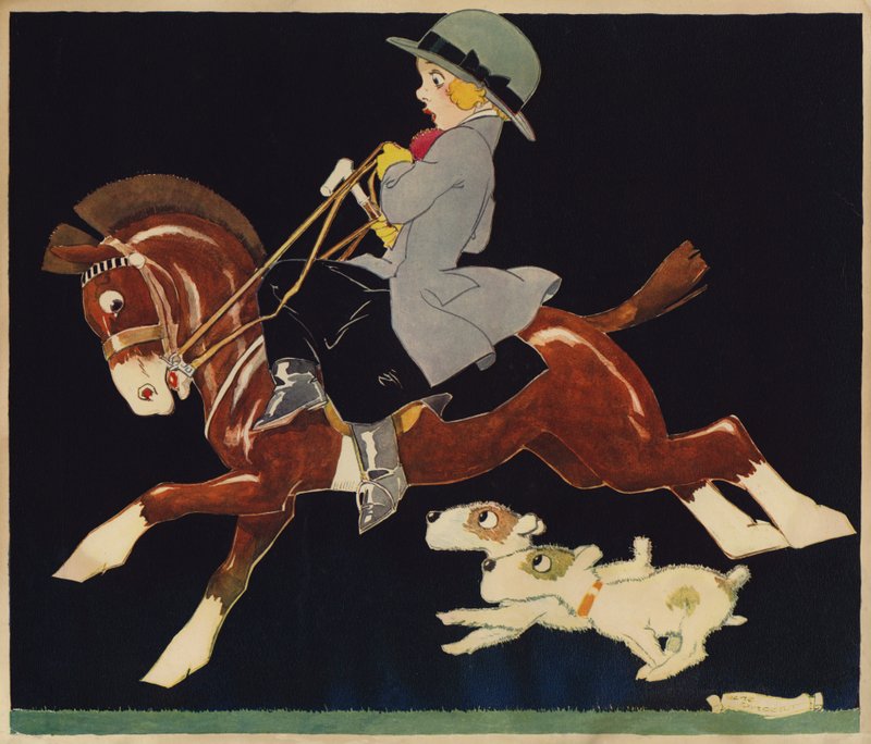 Girl riding a fast pony, with dogs followingdani af Rene Vincent