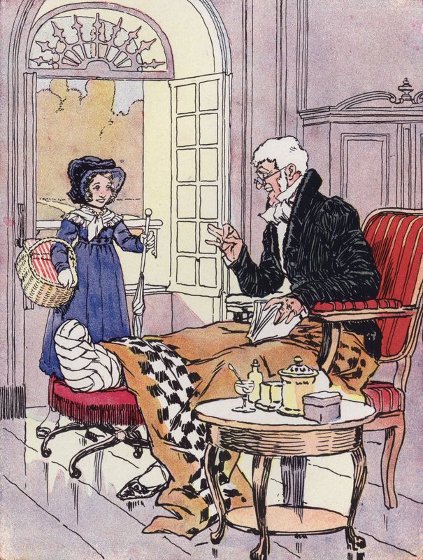 En lille pige under restaureringen (farve litho) af Rene Vincent
