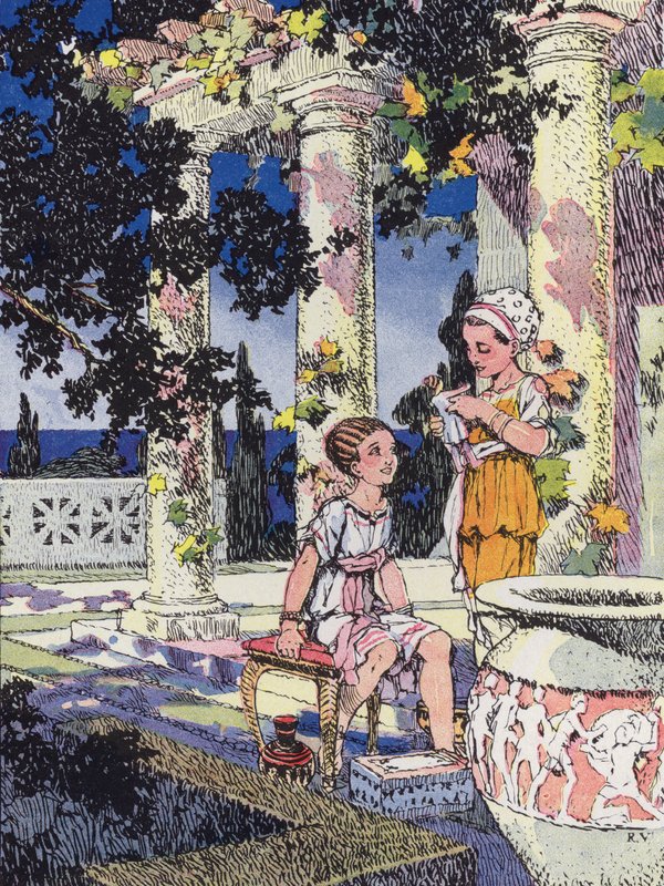 En lille romersk pige i Jules Cesars tid (farve litho) af Rene Vincent
