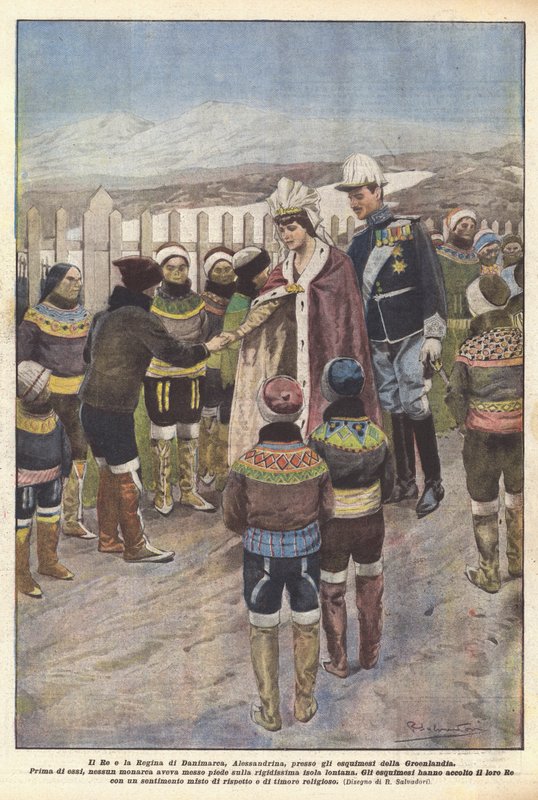Kongen og Dronningen af Danmark, Alexandrine, til de grønlandske eskimoer (farve litho) af Riccardo Salvadori
