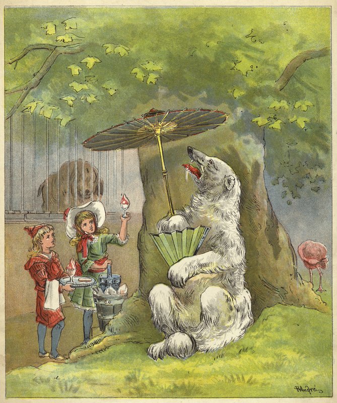 Isbjørn bliver fodret med isglass af børn (chromolitho) af Richard Andre