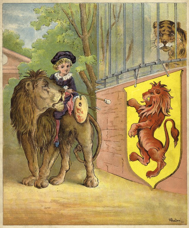 Ridning på en løve (chromolitho) af Richard Andre
