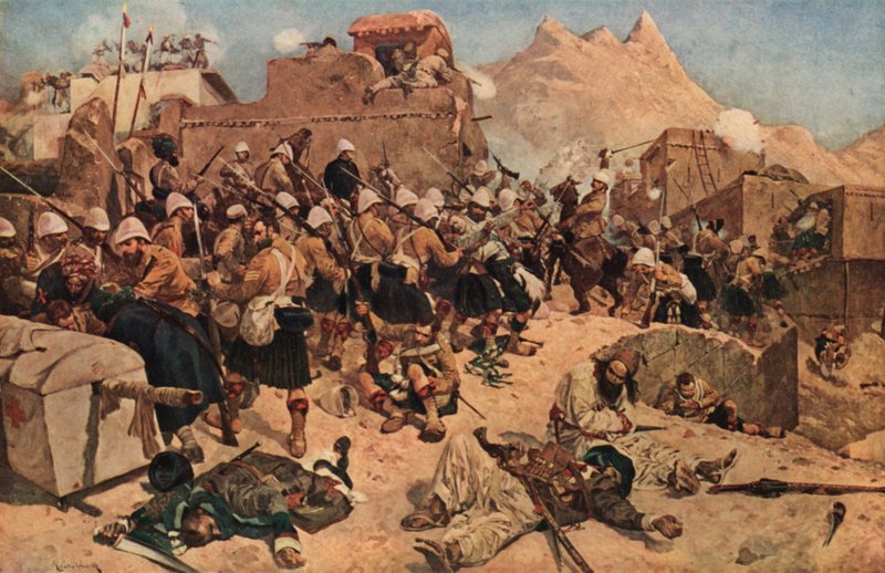 92nd Highlanders og 2nd Gurkhas stormer Gaudi Mullah Sahibdad ved Kandahar, Afghanistan, 1880 af Richard Caton II Woodville