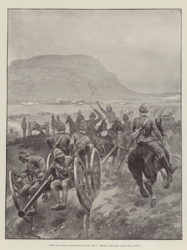 En feltdag nær Charlestown, Sydafrika, hvor britisk artilleri går i aktion af Richard Caton Woodville junior
