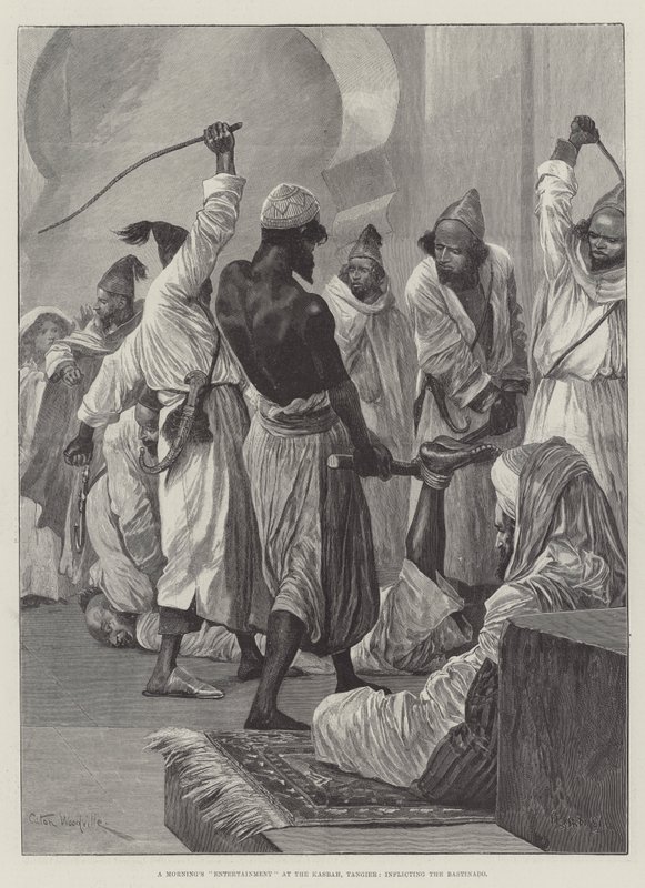 En morgenunderholdning på Kasbah, Tanger, der påfører Bastinado af Richard Caton Woodville junior