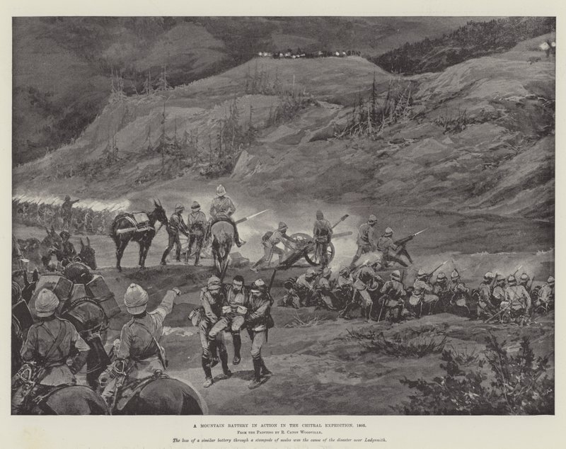 Et bjergbatteri i aktion i Chitral-ekspeditionen, 1895 af Richard Caton Woodville junior