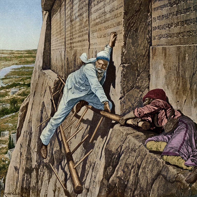 En snæver flugt for Sir Henry Rawlinson ved Rock of Behistun, ca. 1920 af Richard Caton II Woodville