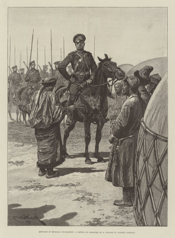 Advance of Russian Civilisation, en Sotnia af kosakker i en landsby i kinesisk tartarisk af Richard Caton Woodville junior