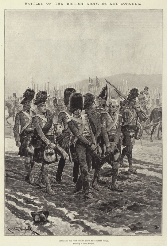Den britiske hærs slag, Corunna, med Sir John Moore fra slagmarken af Richard Caton Woodville junior