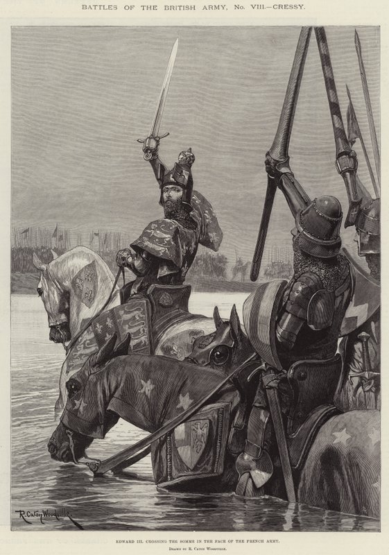 Slag af den britiske hær, Cressy, Edward III krydser Somme i ansigtet på den franske hær af Richard Caton Woodville junior