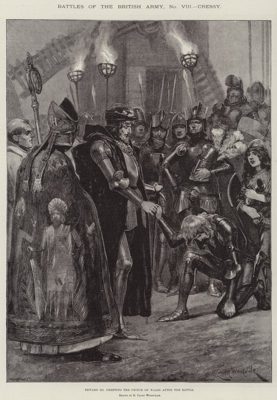Battles of the British Army, Cressy, Edward III hilser prinsen af Wales efter slaget af Richard Caton Woodville junior