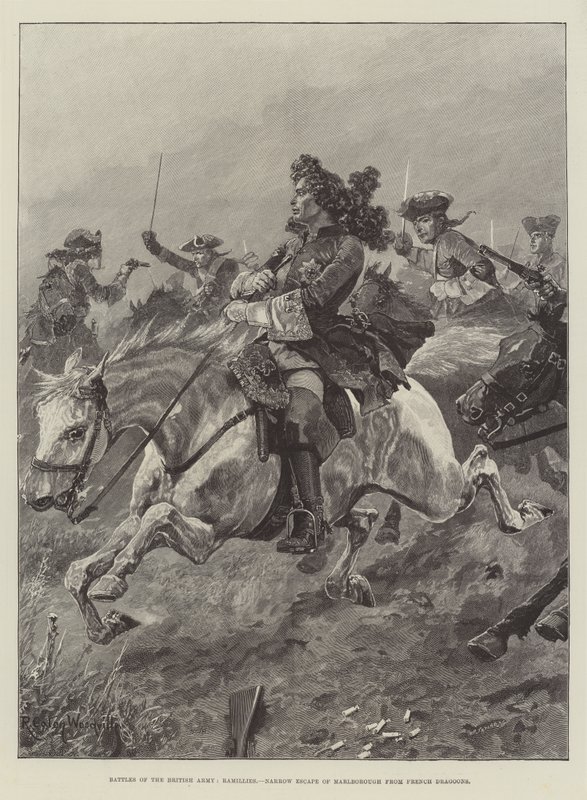 Slag fra den britiske hær, Ramillies, Narrow Escape of Marlborough fra French Dragons af Richard Caton Woodville junior