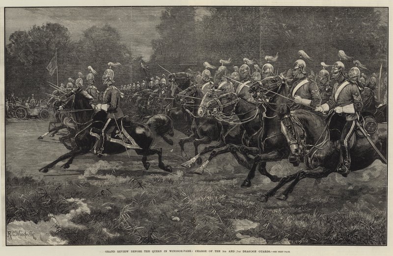 Grand Review før dronningen i Windsor Park, anklager for den 5. og 7. Dragoon Guard af Richard Caton Woodville junior